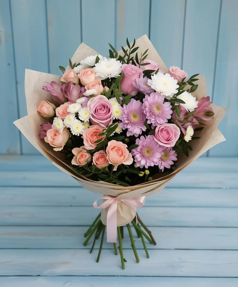 Букет цветов из: Хризантемы, Розы и Альстромерии в Балаганске