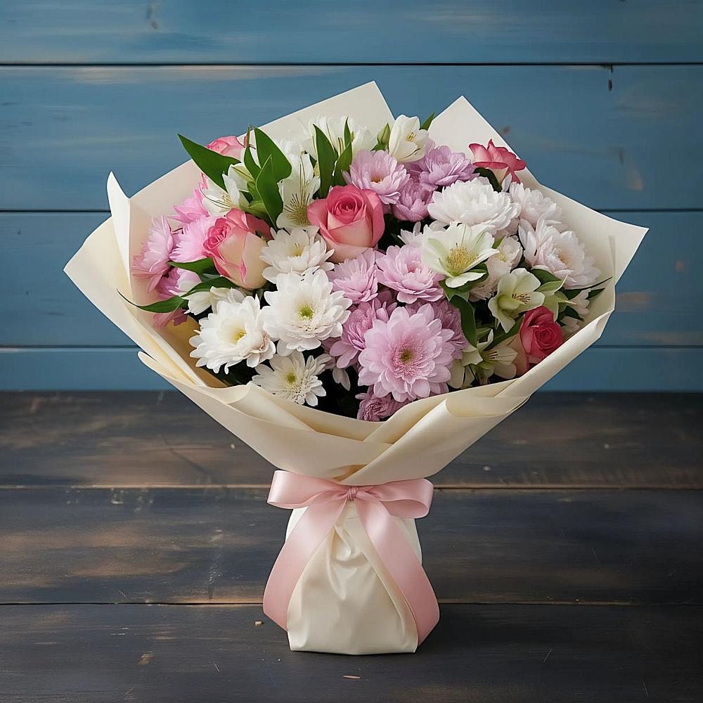 Букет цветов из: Хризантемы, Альстромерии и Розы в Балаганске